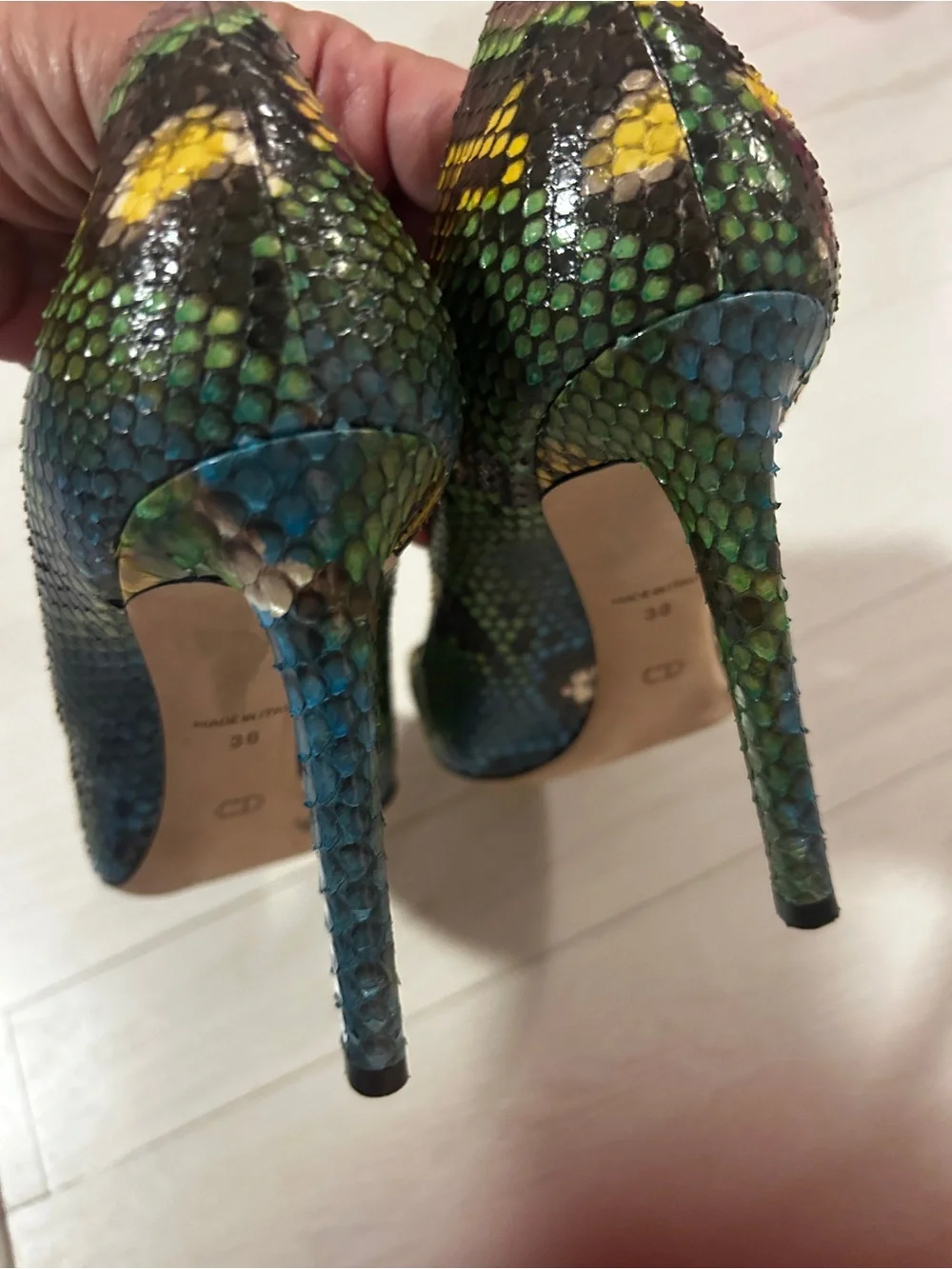 Dior Multicolor Snakeskin Pointed Toe Pumps in Yellow, Green & Pink. Size 38